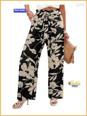 Womens Wide Leg Pants High Elastic Waist Adjustable Knot Flowy Trousers with